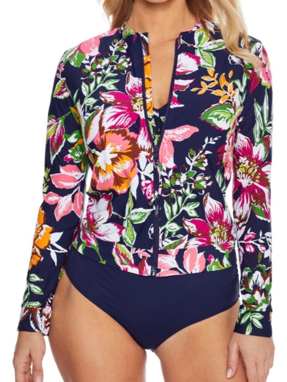 Anne Cole Signature NWT Tropical Bloom Full-Zip Rash Guard Top L